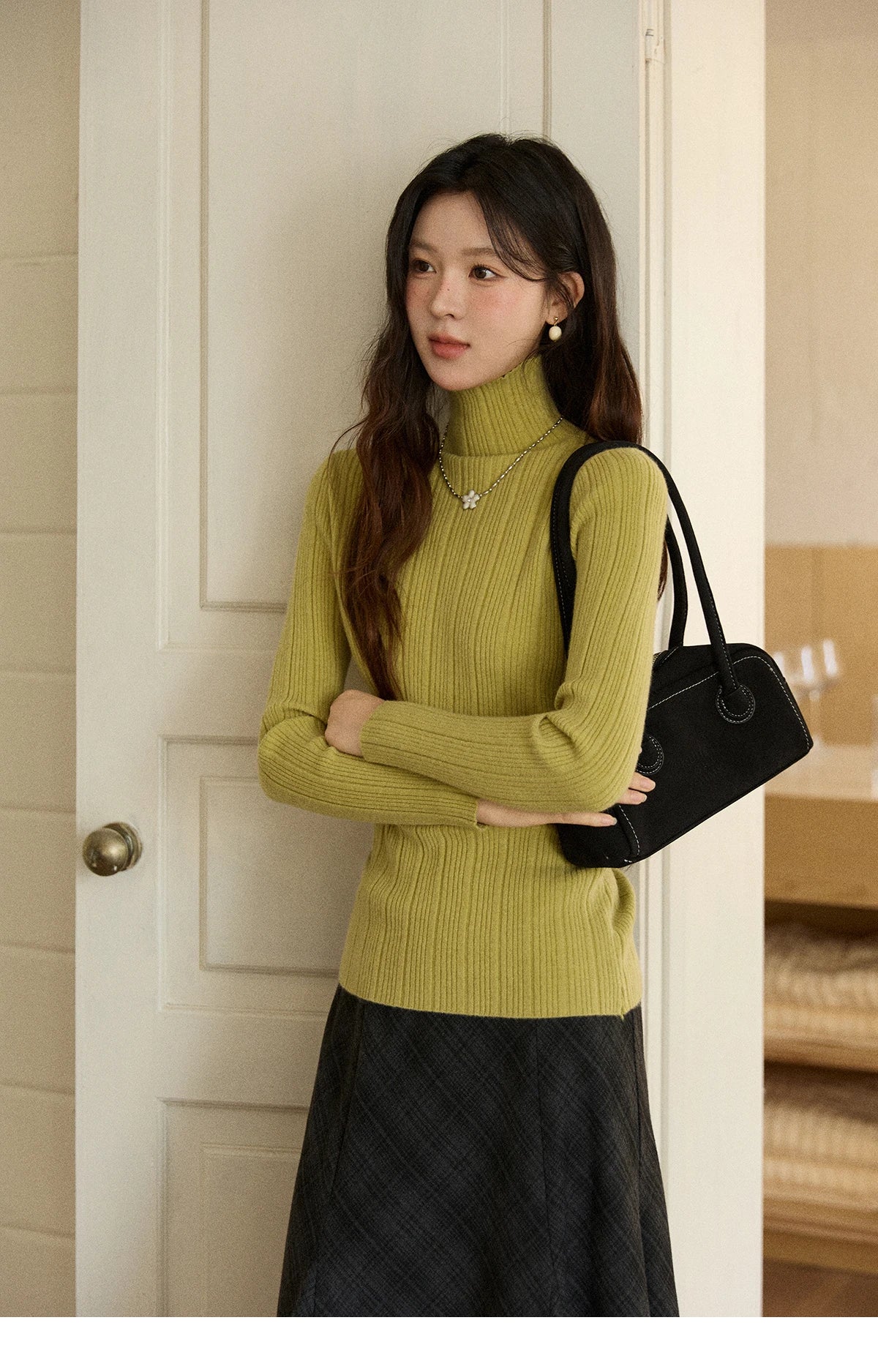 Mishow Solid Turtleneck Vertical Ribbed Slim Top MXE86Z2656