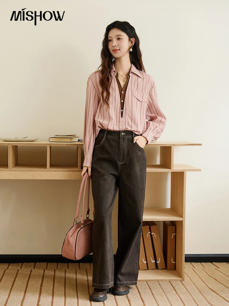 MISHOW Peach Skin Velvet Stripe Shirt Double Layered Collar MXE47C2408