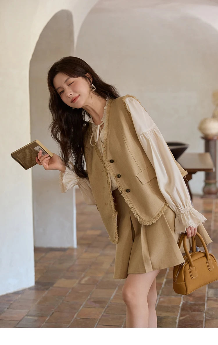 Mishow Khaki Selvedge Vest & Pleated Skirt Set MXE41T0690