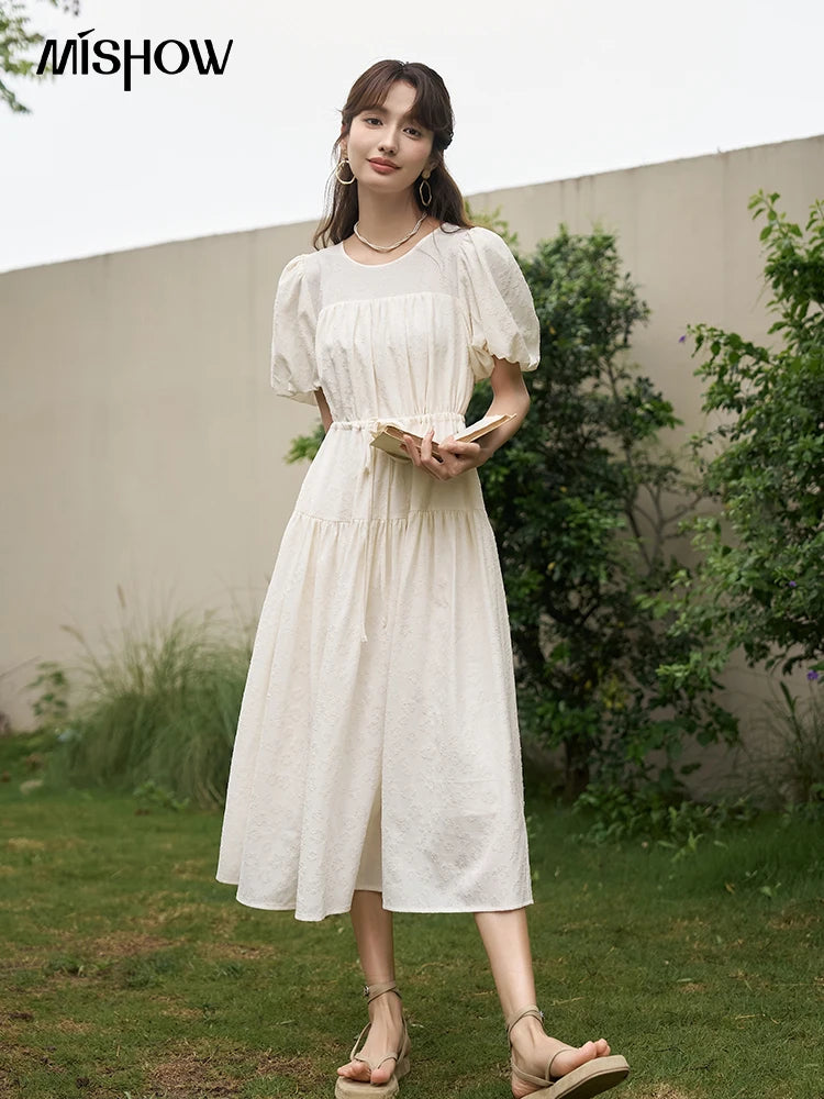 Mishow French Drawstring Waist Puff Sleeve Dress MXC38L1415