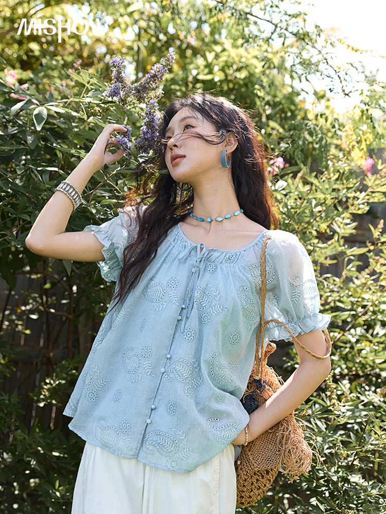 MISHOW Embroidered Flower Shirt Puff Sleeve Round Neck MXE39X1922