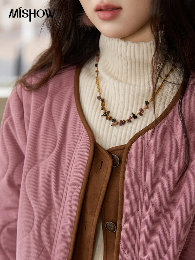 MISHOW Pink Purple Corduroy Jacket Gourd Pattern Splicing Suede MXE88W0882