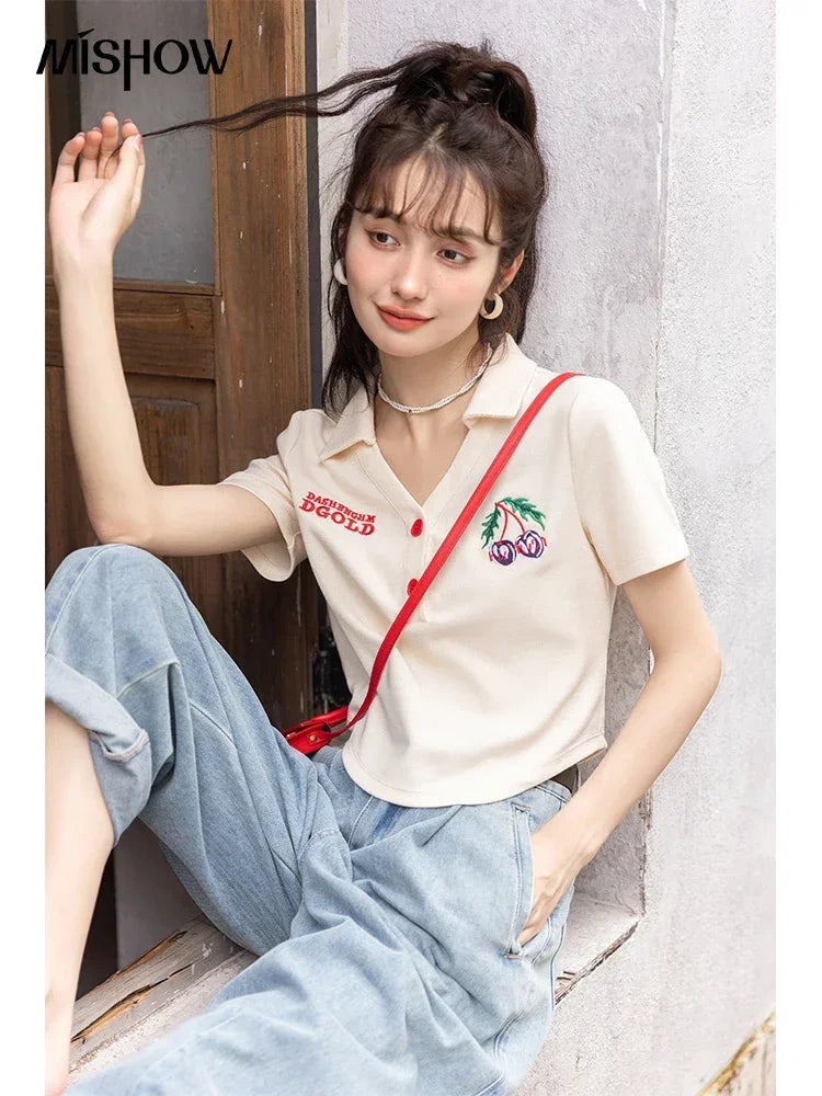 Mishow Korean Polo Collar Embroidery Letter Tee MXB32T0477