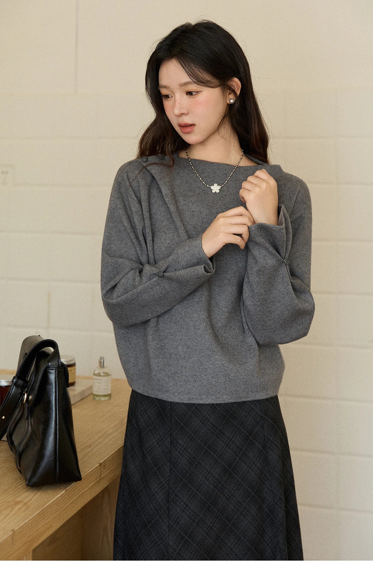 Mishow Gray French Diagonal Placket Knit Pullover MXE86Z2744
