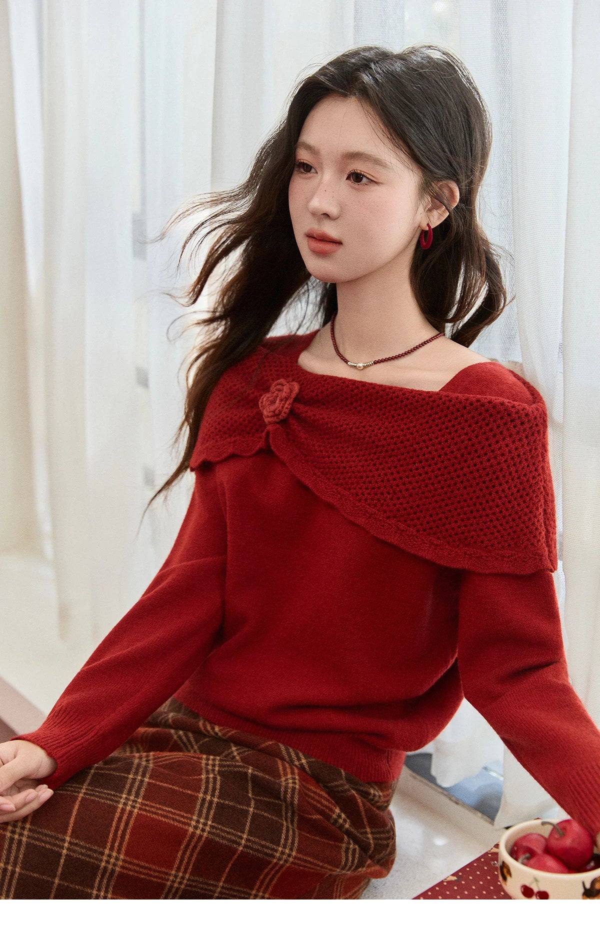 Mishow Christmas Red 3D Flower Alpaca Sweater MXE94Z2889