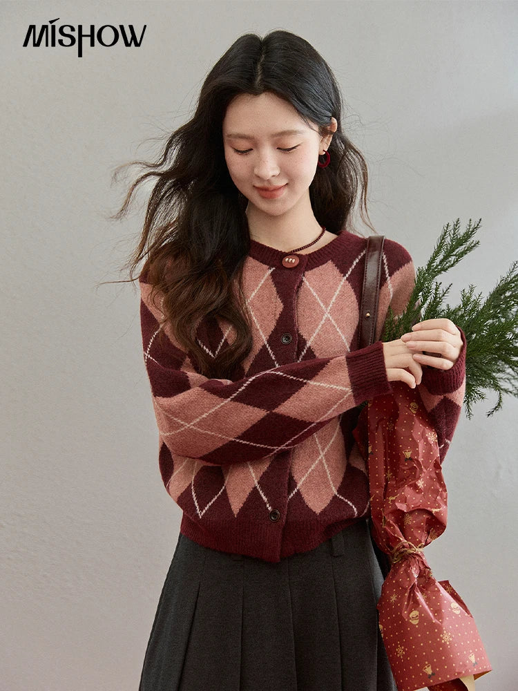 Mishow Retro Diamond Grid Contrast Cardigan MXE91Z2773