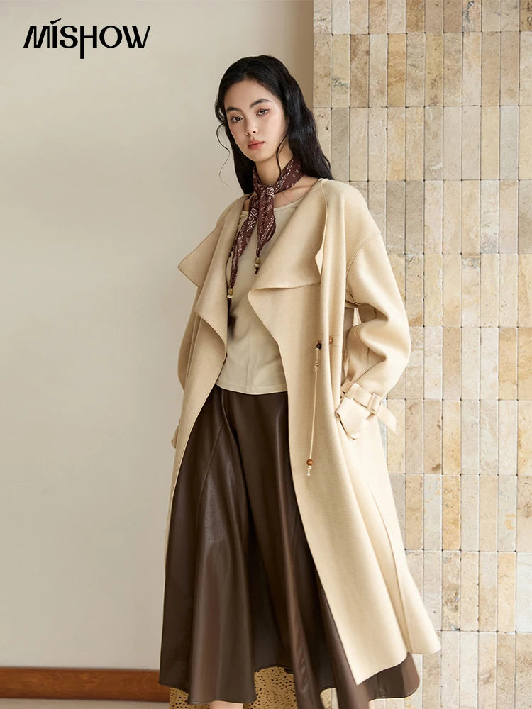 Mishow Drawstring Waist Large Lapel Mid-Length Woolen Coat MXE45W0841