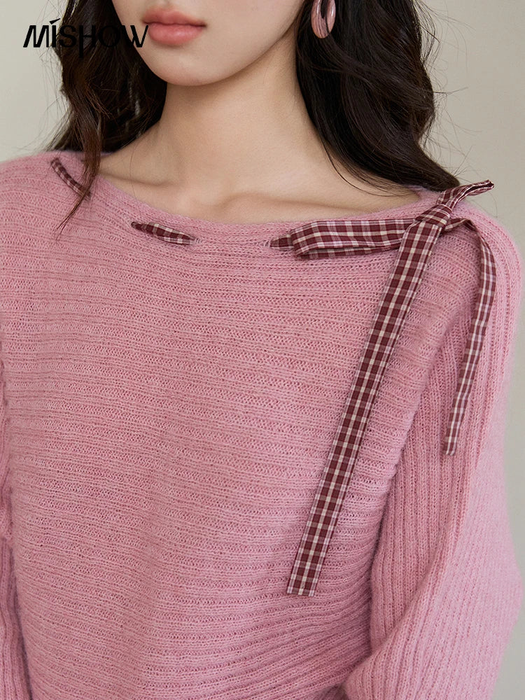 Mishow Pink Plaid Bow Peplum Ribbed Sweater MXF11Z3016