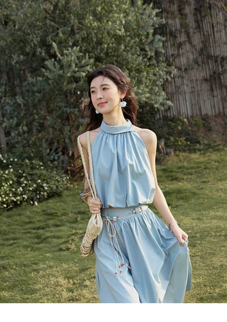 Mishow Solid Halter Neck Top & Midi Skirt Set with Belt MXE33T0546