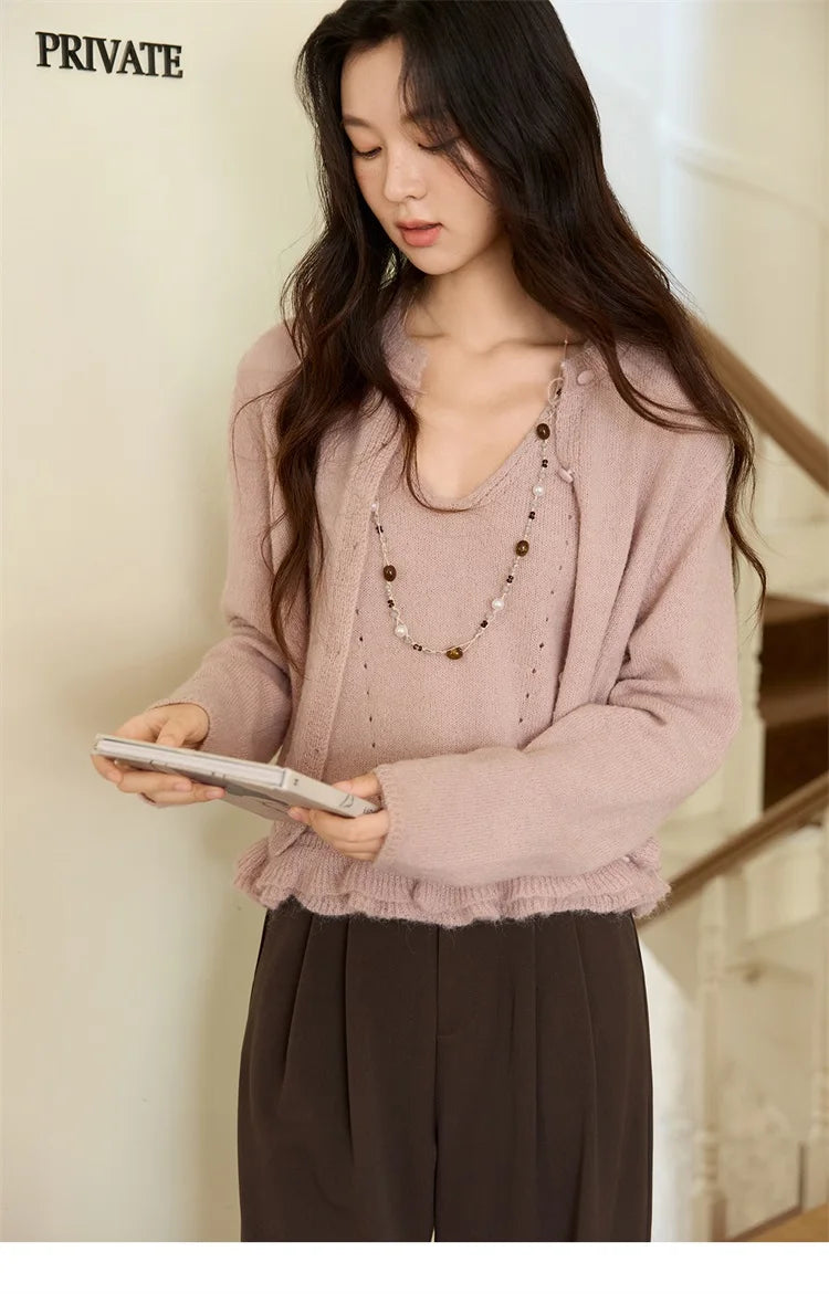 Mishow Pink Crew Neck Cardigan & Suspenders Set MXE48T1404