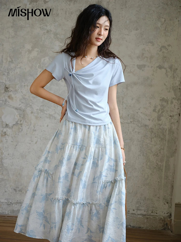 Mishow Lace-Up Print Top & Wide Leg Half Skirt Set MXE35T0596