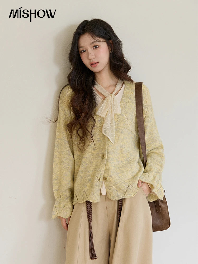 Mishow Marled Yellow Mohair Flare Sleeve Cardigan MXF108Z1021