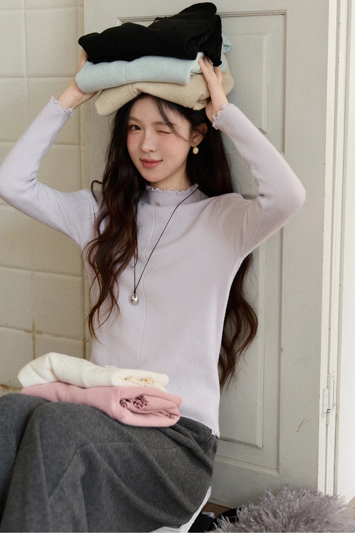 Mishow Ruffled Turtleneck Slim Knit Top MXE91Z2826