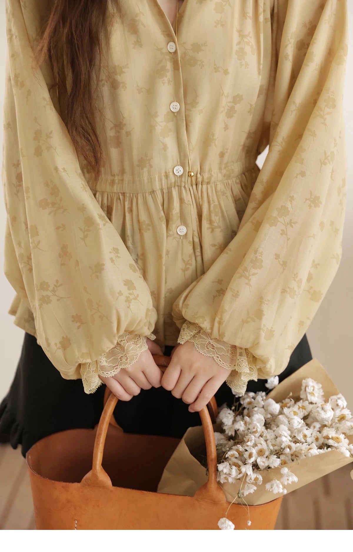 MISHOW Yellow Print Shirt Lantern Sleeve Drawstring Waist MXE45X2499