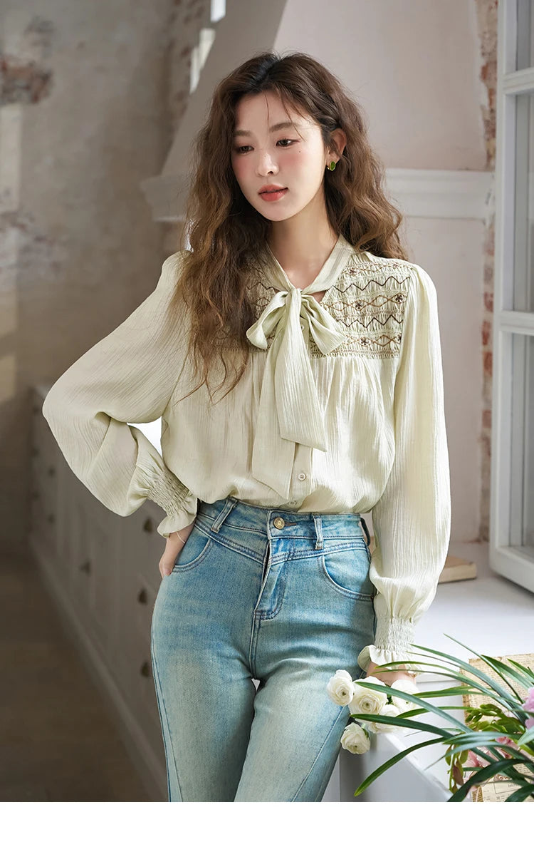 MISHOW Ribbon Collar Shirt Sweet Cuffs Pleated Embroidered Petal Sleeve MXD14C0226