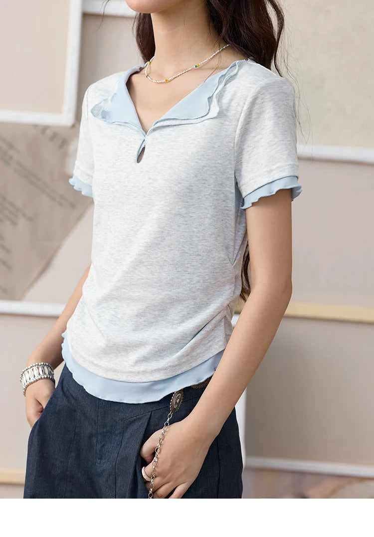 Mishow Grey Blue Fake Two-Piece Wavy Edge Tee MXE35T0567