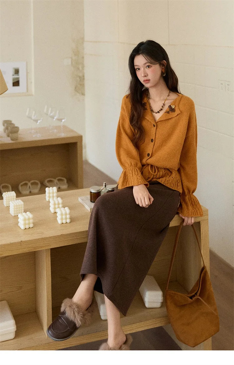 Mishow Orange Openwork Crochet Flared Sleeve Cardigan MXE87Z2685