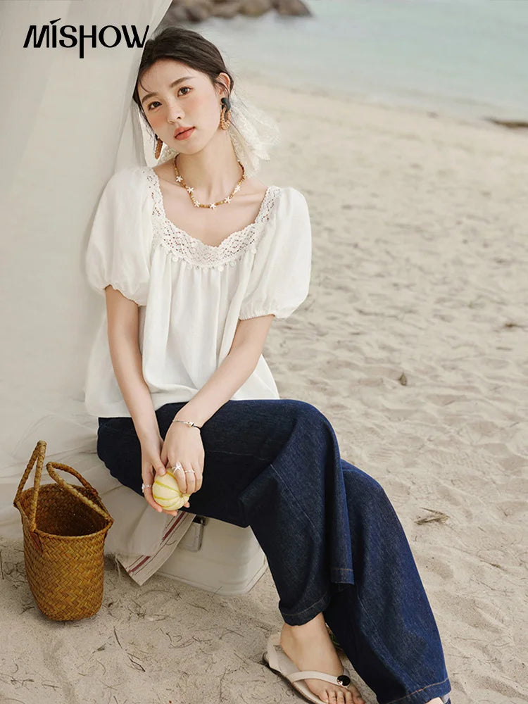 MISHOW Square Collar Puff Sleeve Blouse Lace Splicing MXE32X1780