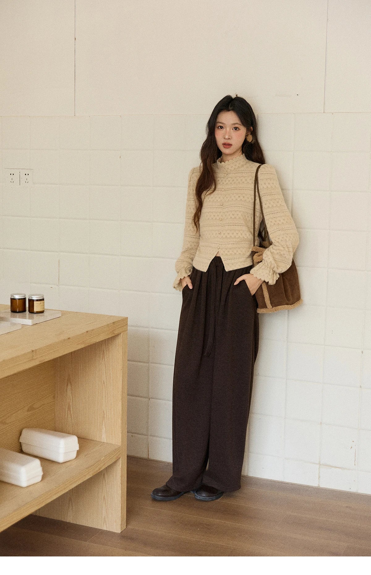 Mishow Thick Wool Blend Belted Patchwork Coat MXE92W0997