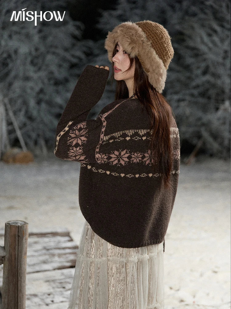 Mishow Brown Snowflake Jacquard Crew Neck Pullover MXE86Z2655