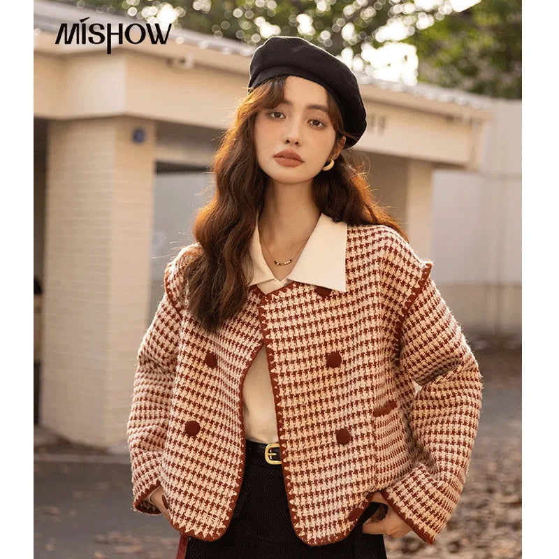 Mishow Elegant Plaid Wool Blend Short Coat MXB42W0479