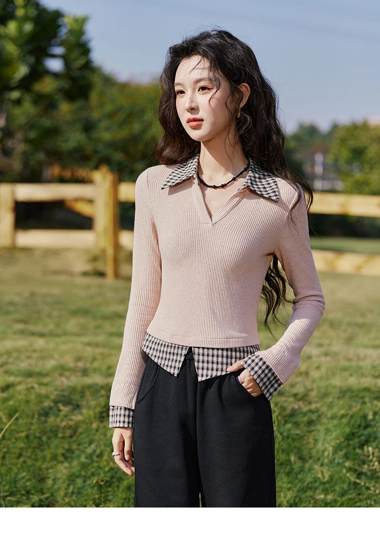 Mishow Plaid Splicing Fake Two-Piece Top MXE13Z1108