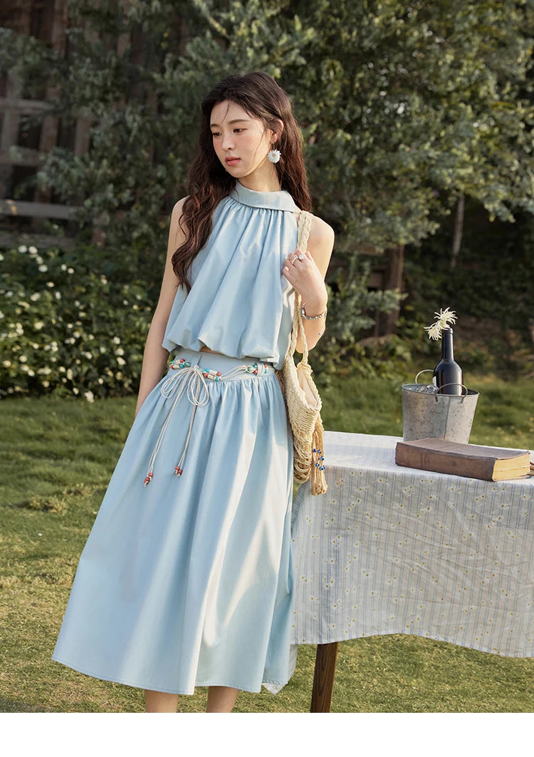 Mishow Solid Halter Neck Top & Midi Skirt Set with Belt MXE33T0546