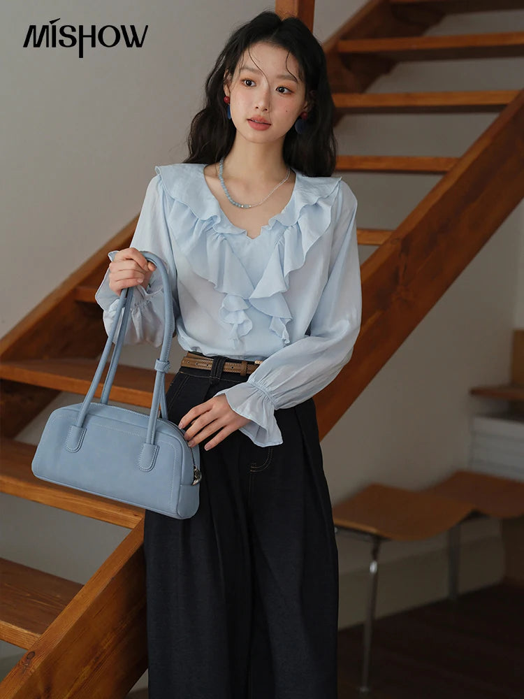 MISHOW Blue Lyocell Ruffled Shirt Flared Sleeves MXE41X1969