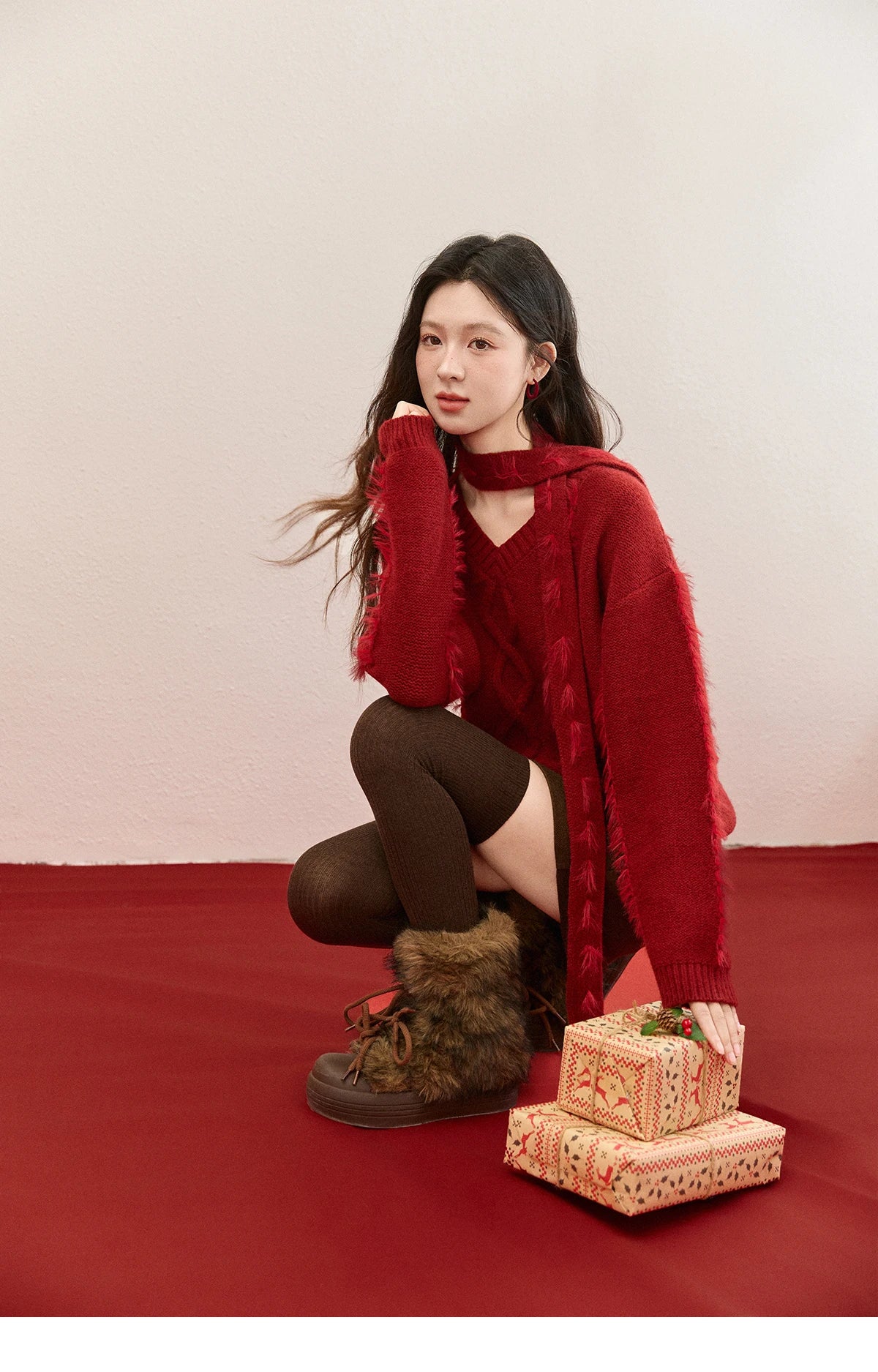Mishow Burgundy Christmas Mink Fur Tassel Sweater MXE93Z2809