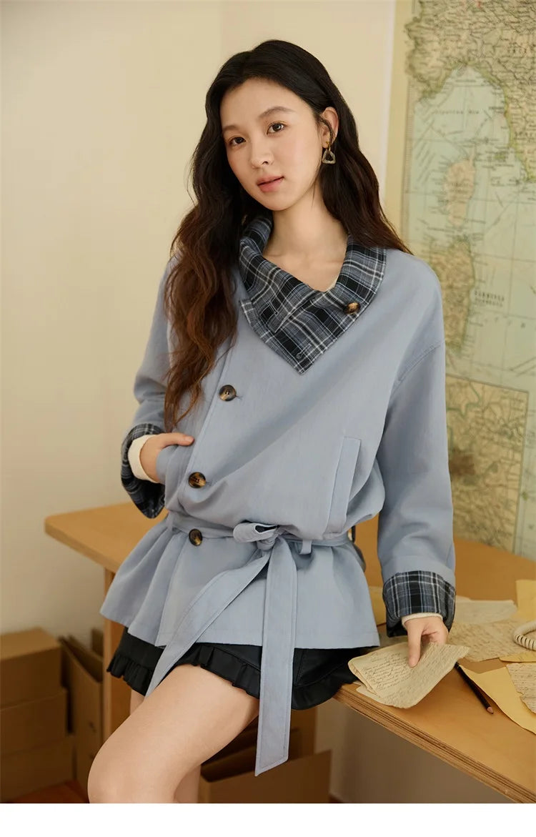 Mishow Blue Plaid Two-Sided Trench Coat MXE48W0871