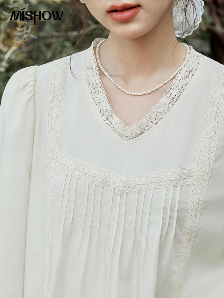 MISHOW Lyocell Blouse Lace V-Neck Puff Sleeve MXE15X1735
