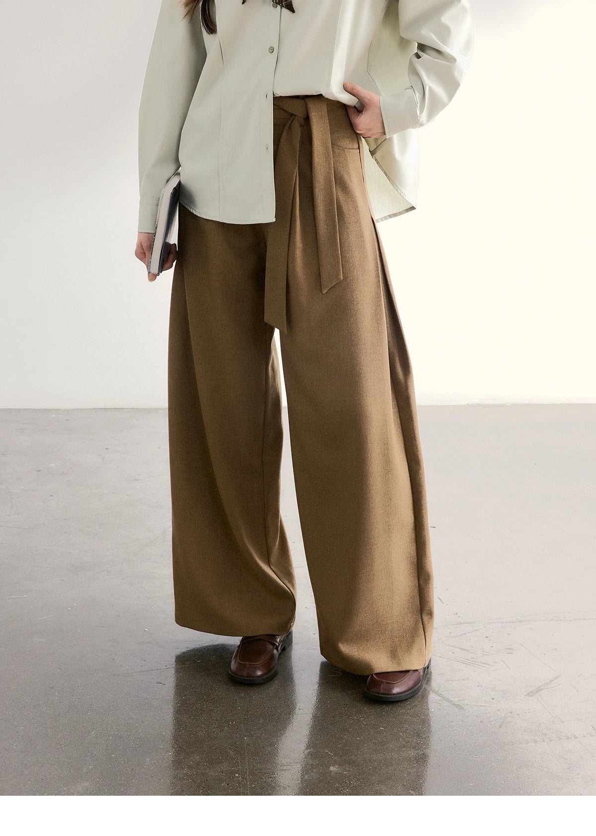 MISHOW Brown Wide Leg Pants Strap Design High Waist Elastic MXF11K1134