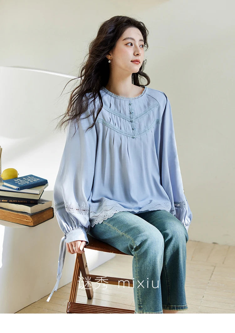 MISHOW Blue Lace Patchwork Shirt Wave Edge Lantern Sleeve MXE14X1716