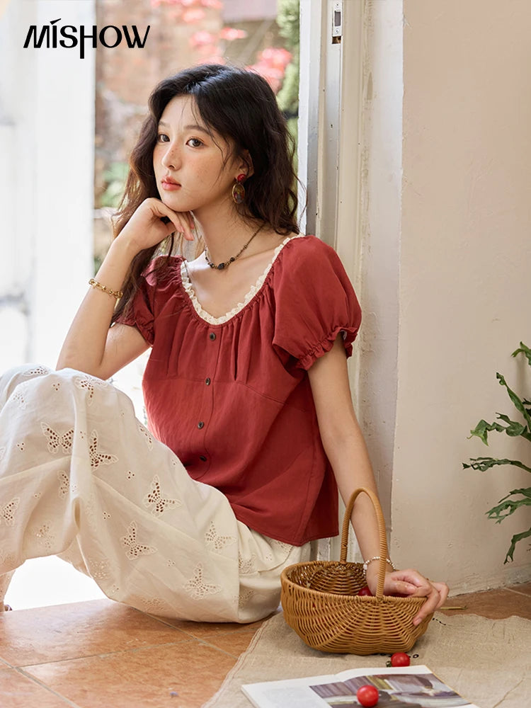 MISHOW Short Puff Sleeve Blouse Lace Collar Slimming MXE35X1827