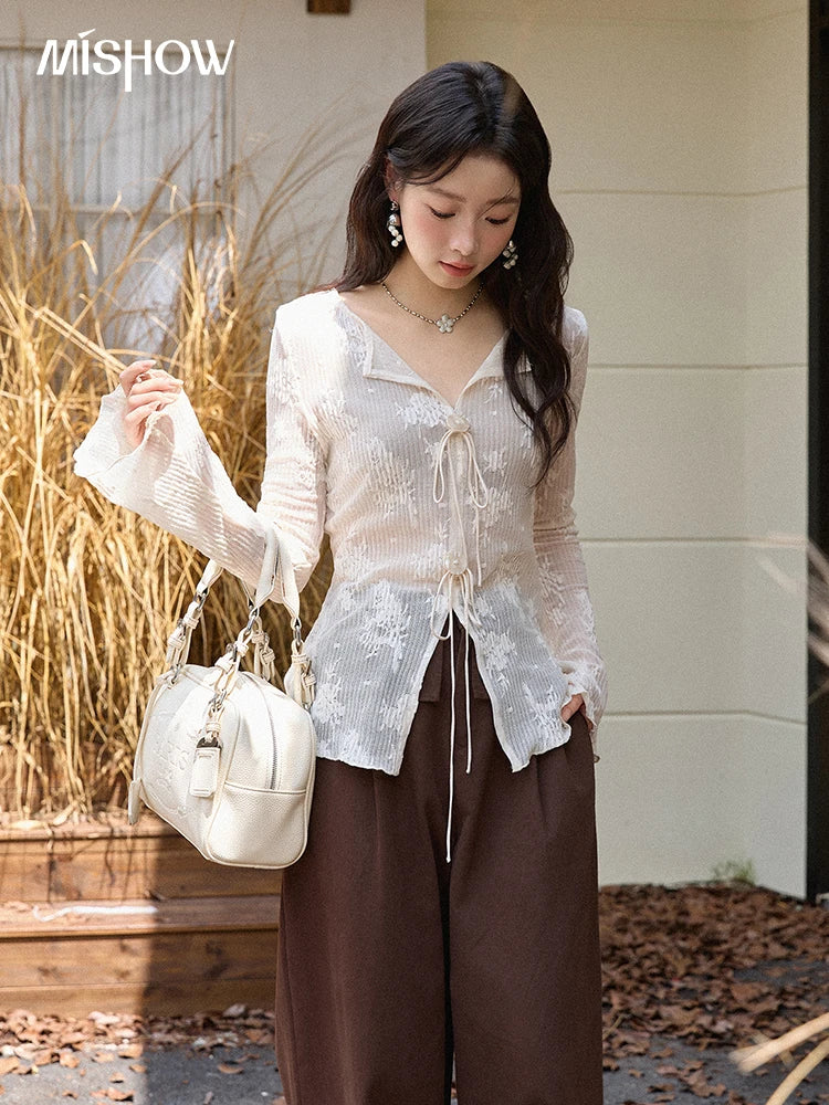 MISHOW White Lace Shirt Flared Sleeves V-Neck MXE49X2511