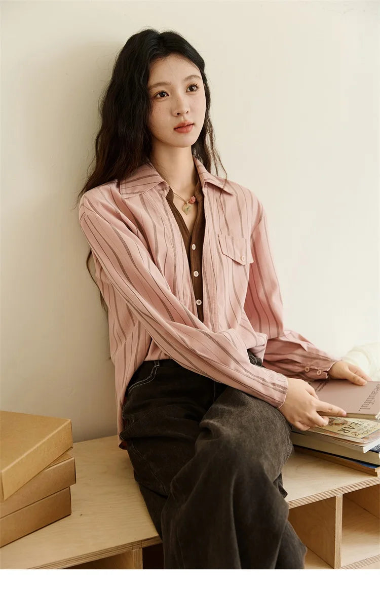 MISHOW Peach Skin Velvet Stripe Shirt Double Layered Collar MXE47C2408