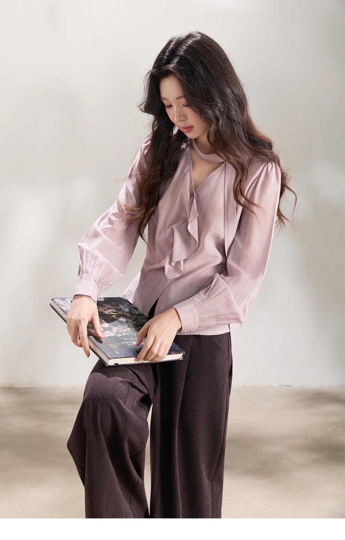 MISHOW Women's Purple Ribbon V-Neck Ruffled Shirt MXF13X2527