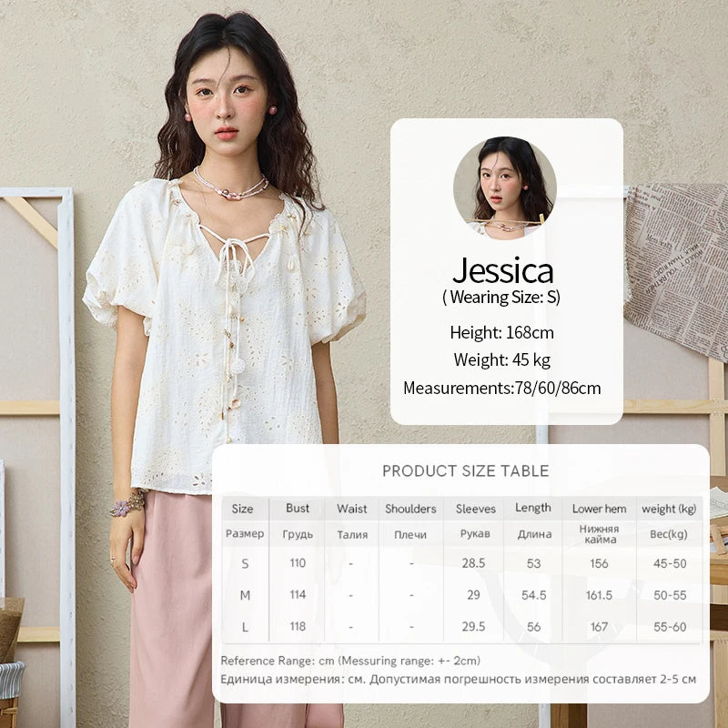 MISHOW Embroidery Jacquard Shirt V-Neck Lace Up Puff Sleeve MXE35X1790