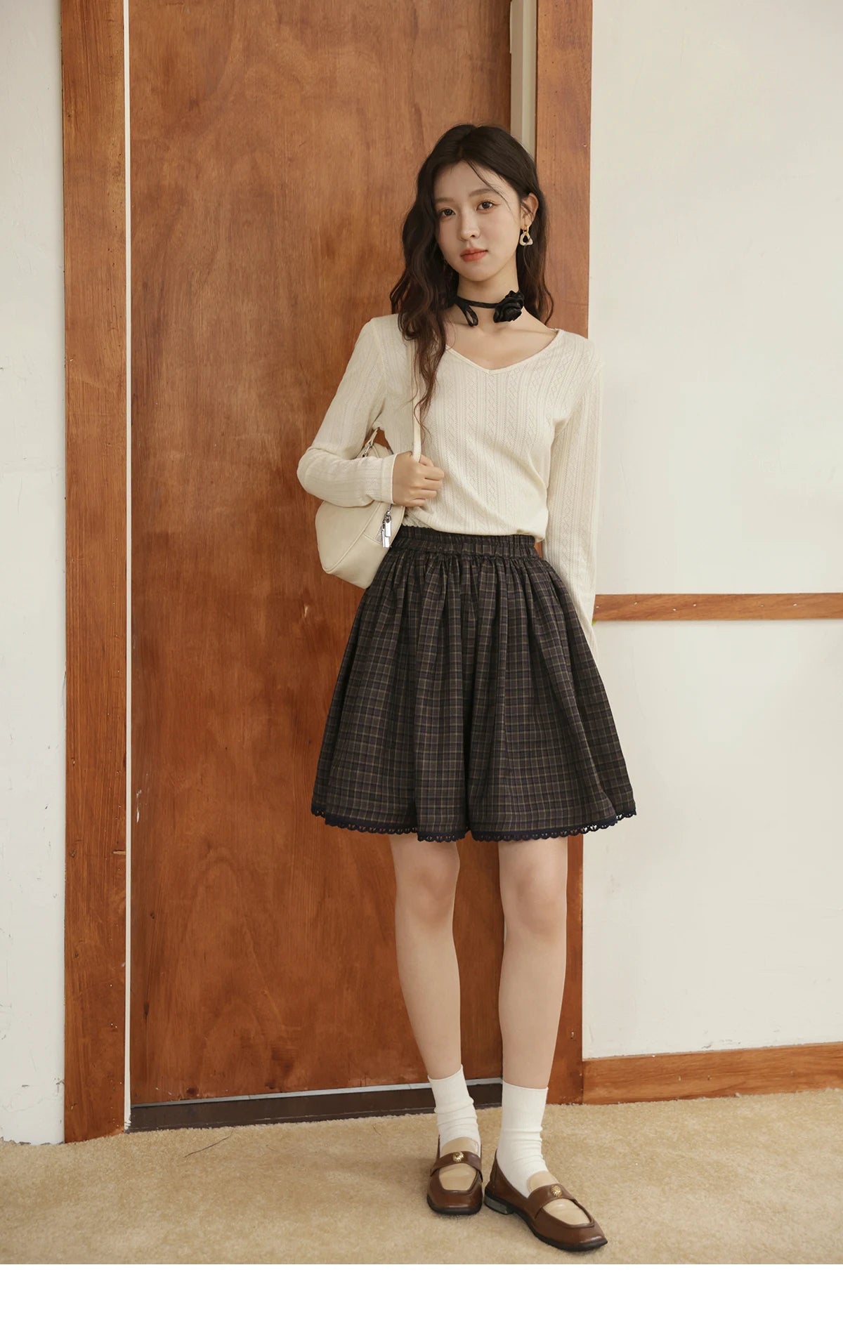 Mishow Green Plaid Handmade Flower Lace Skirt MXE44B2407