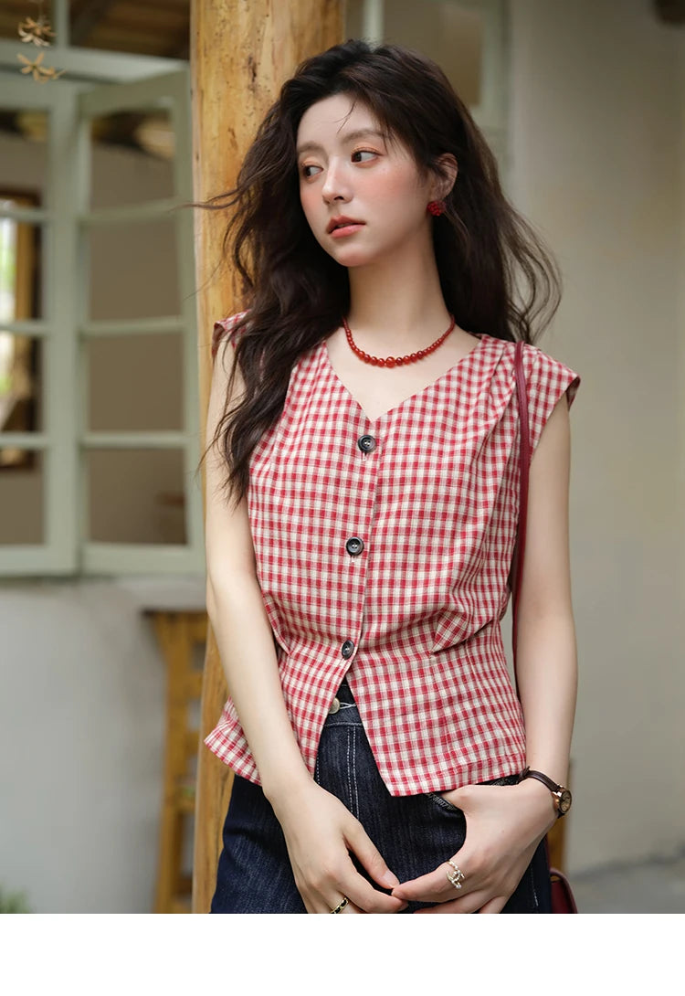 MISHOW Red Plaid V-Neck Shirt Button Front MXE37X1921