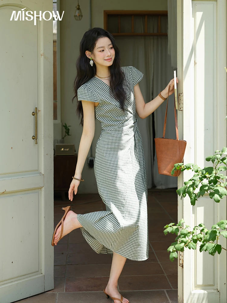 Mishow V-Neck Plaid Waist Cinched Sash Dress MXE39L2410
