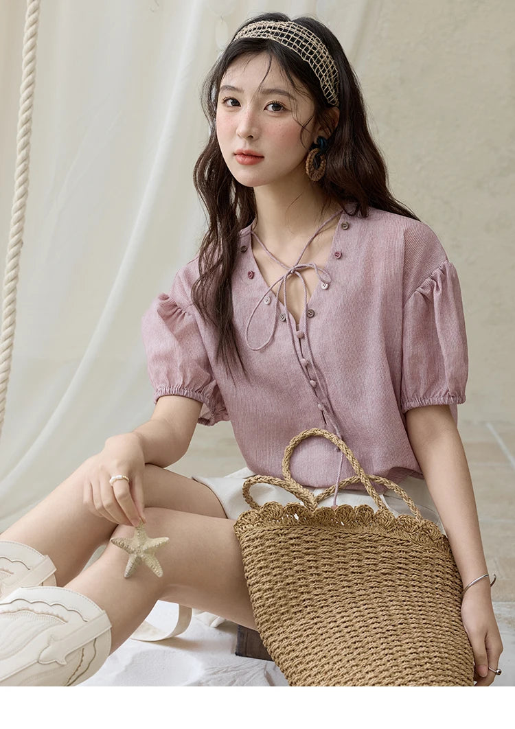 MISHOW Solid V-Neck Blouse Short Puff Sleeve Lace-Up MXE33X1743