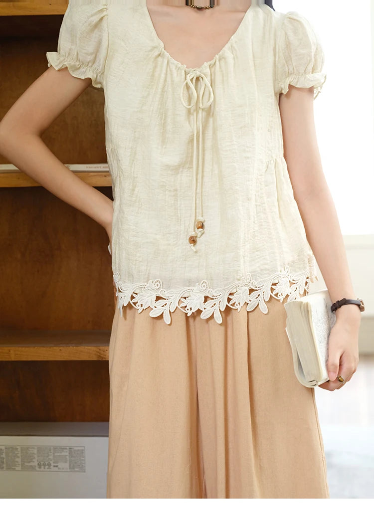 MISHOW French Round Neck Lace Up Blouse Embroidery Puff Sleeve MXE39X1956