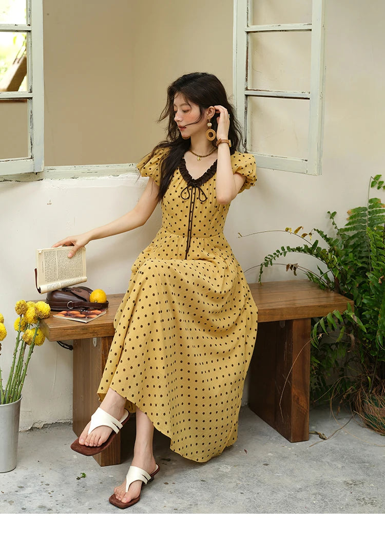 Mishow Polka Dot V-Neck Lace Up Puff Sleeve Dress MXE39L2326