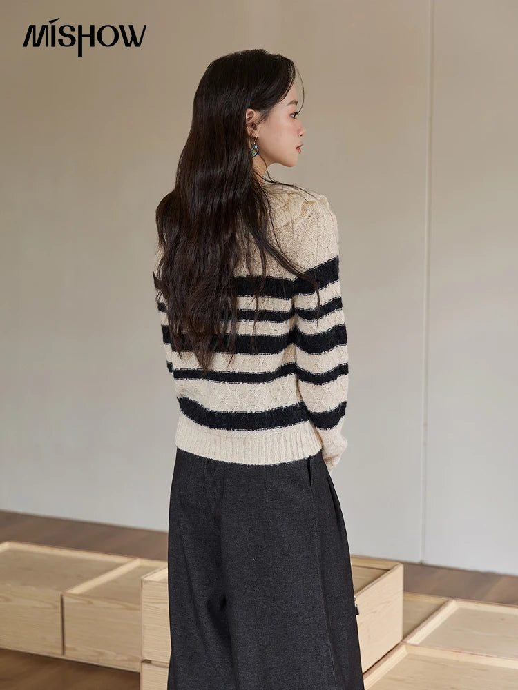 Mishow Striped Asymmetrical Ruffled Cardigan MXE51Z2633