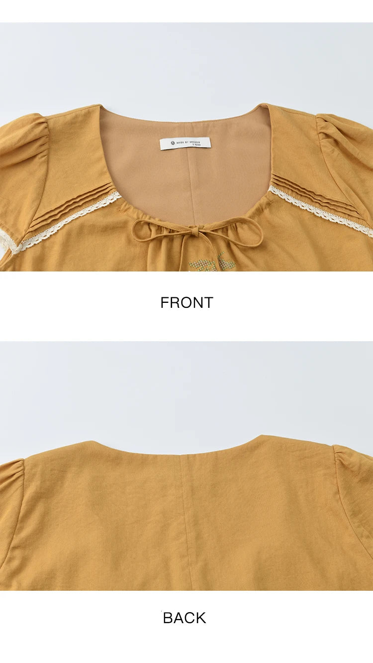 MISHOW Embroidery Flower Blouse O-Neck Lace Up Flying Sleeve MXE39X1880
