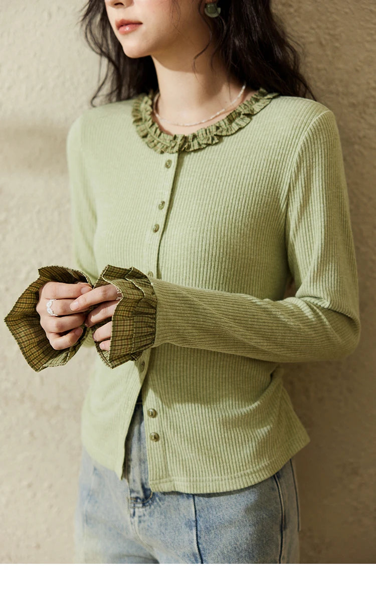 Mishow Green Plaid Lotus Leaf Sleeve Tee MXE14Z1152