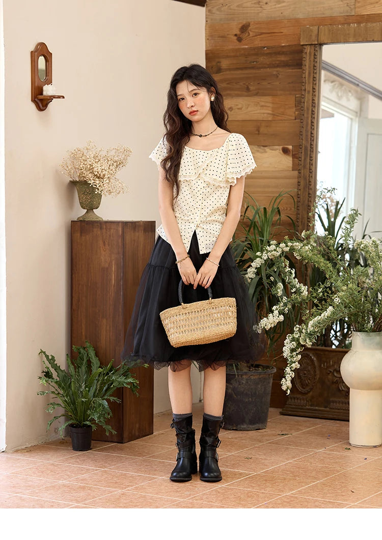MISHOW Apricot Polka Dot Shirt Ruffle Edge Patchwork Lace MXE34X1783