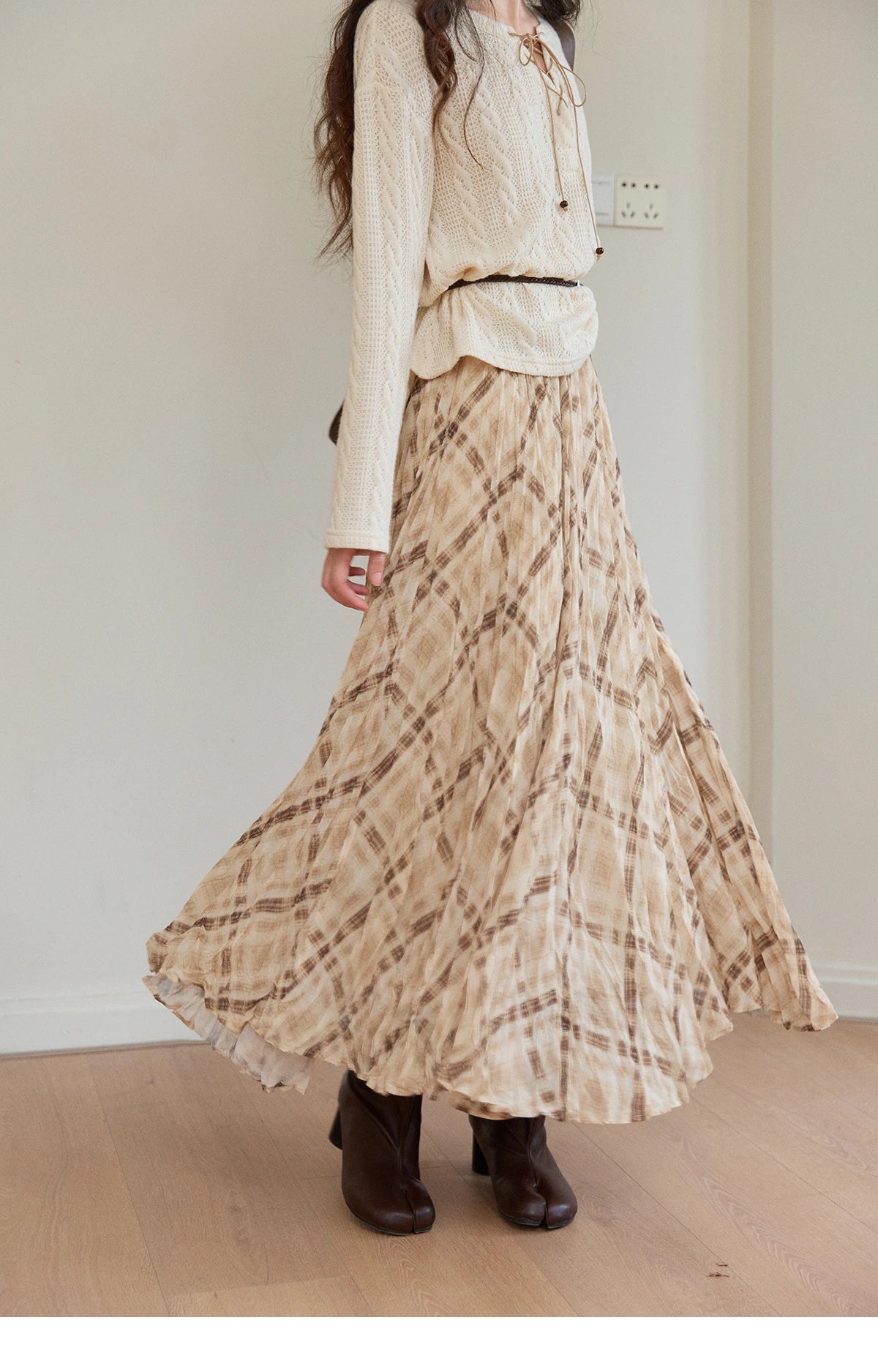 MISHOW Beige Plaid Maxi Skirt High Waist Flowy Elastic MXF108B0769