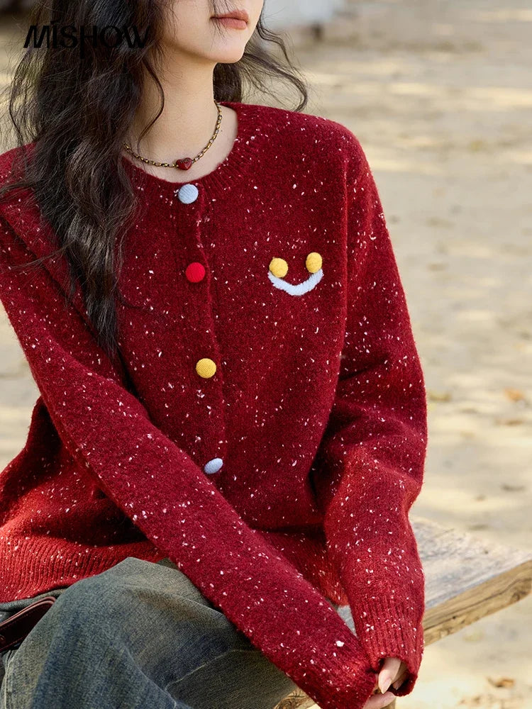 Mishow Smile Embroidery Contrast Color Wool Cardigan MXD35Z0988